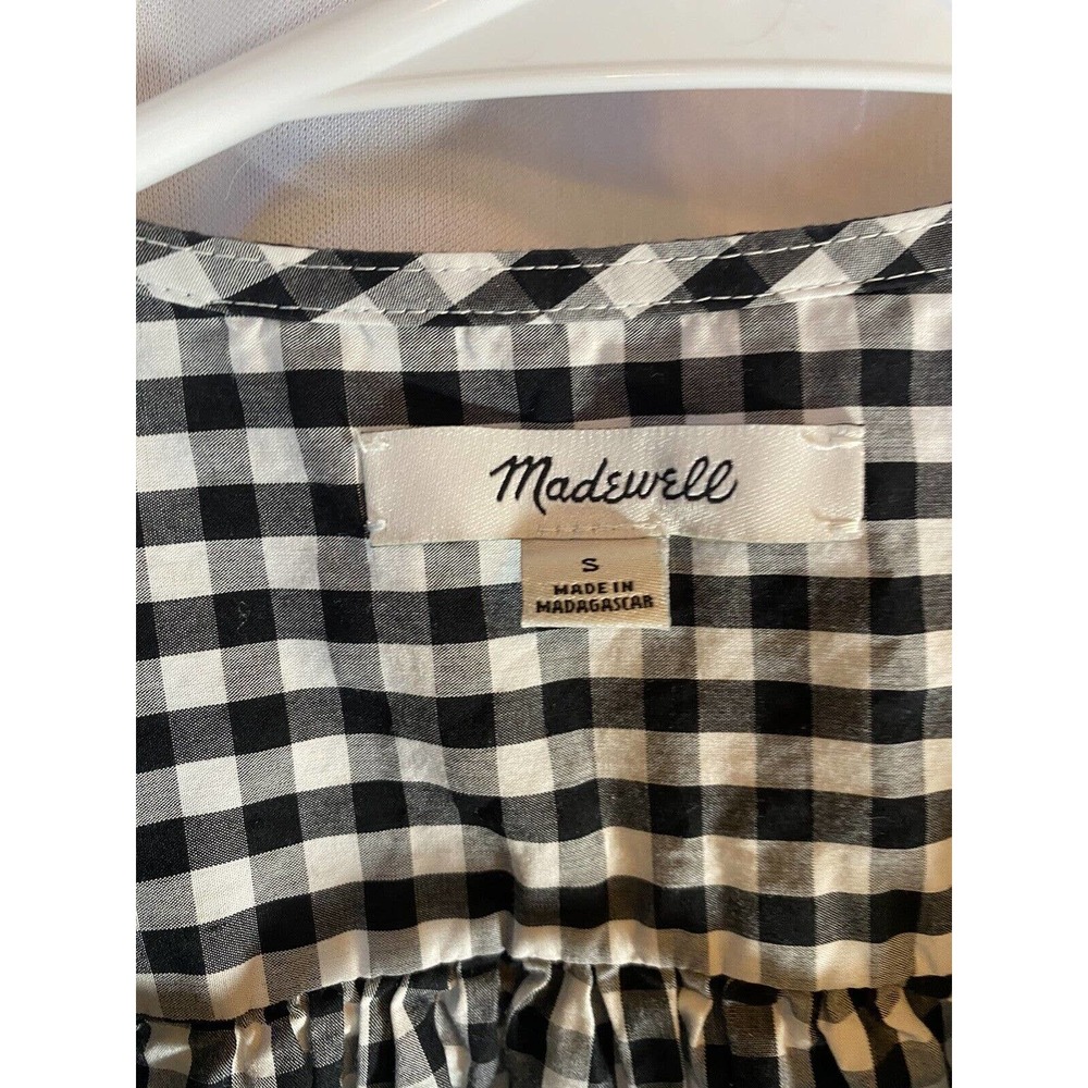 Madewell Top Womens Small Black White Checkered Short Sleeve Waist Tie V Neck - Picture 3 of 6